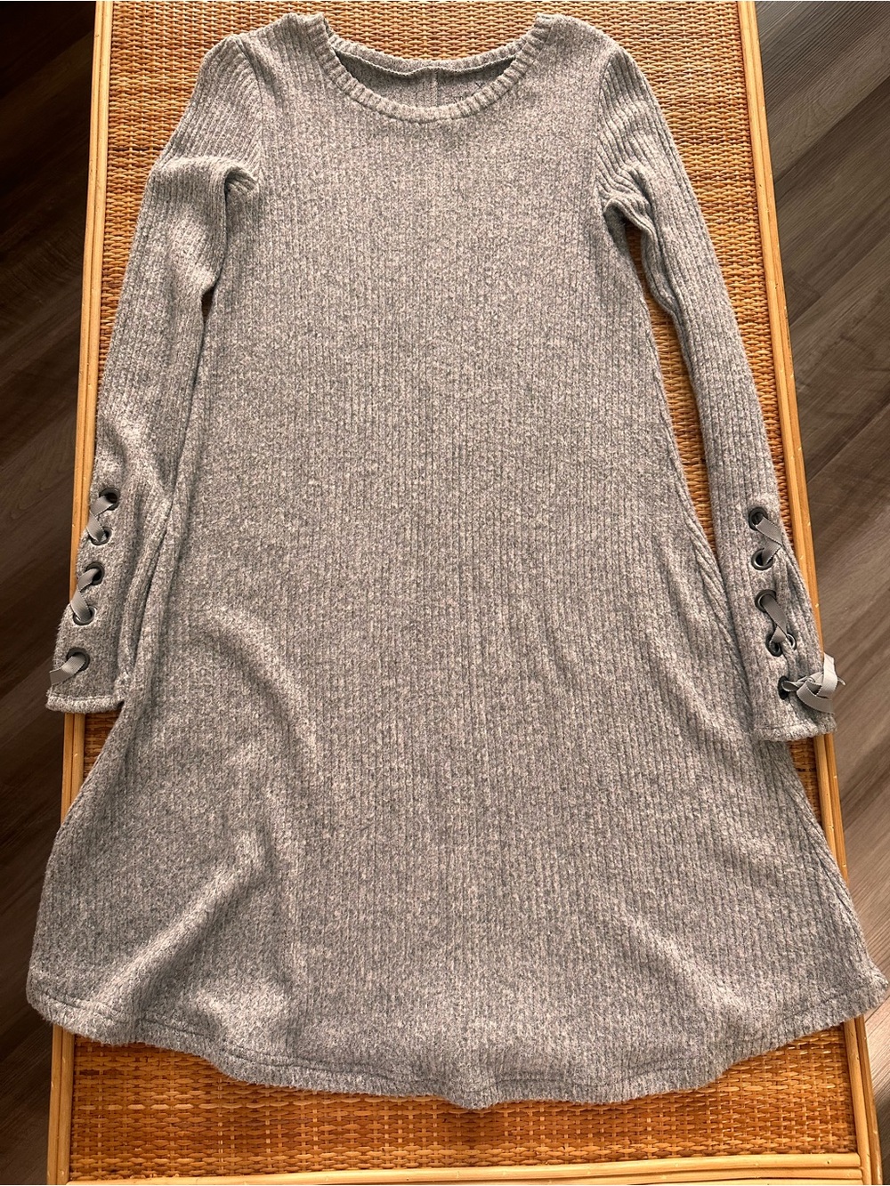 American Eagle Outfitters Heather Gray Ribbed Midi Dress with Lace-Up Cuffs